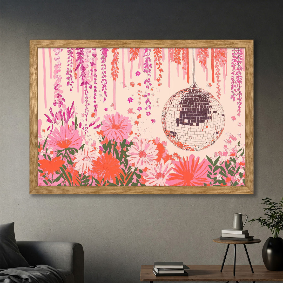 Framed Poster featuring a disco ball and floral design in a pink and orange color palette, perfect wall art.
