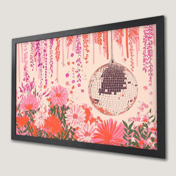 Framed Poster featuring a disco ball and floral design in pink, orange, and green. Retro style art print for your wall.