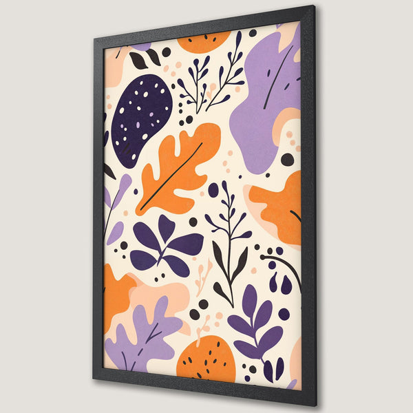 Framed Poster featuring an abstract floral design in orange, purple, and black on a cream background. Modern art print for your home.