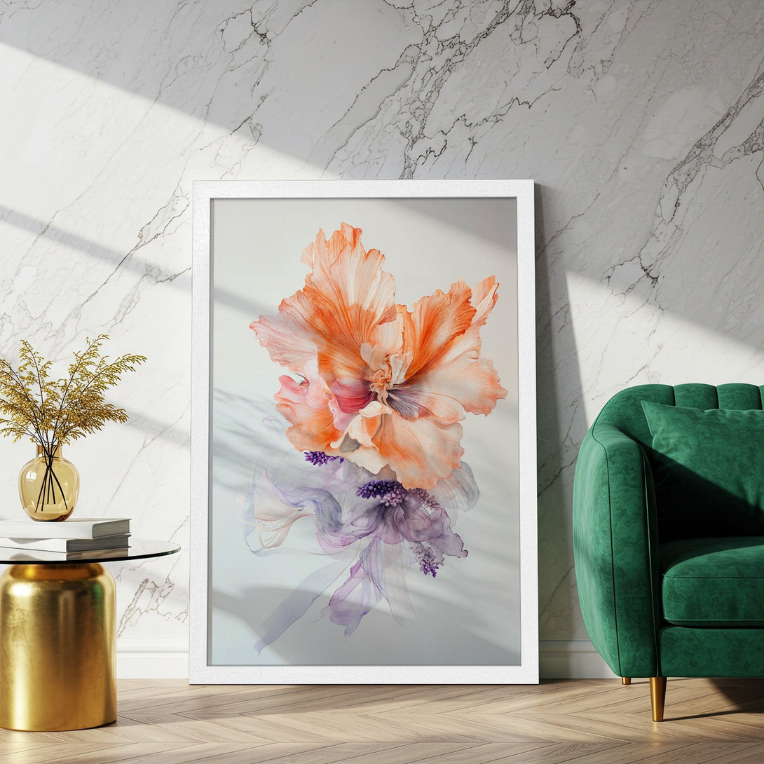 Framed Poster featuring a vibrant floral design in watercolor style. Warm orange, pink, and purple hues create an elegant aesthetic. Perfect wall art!