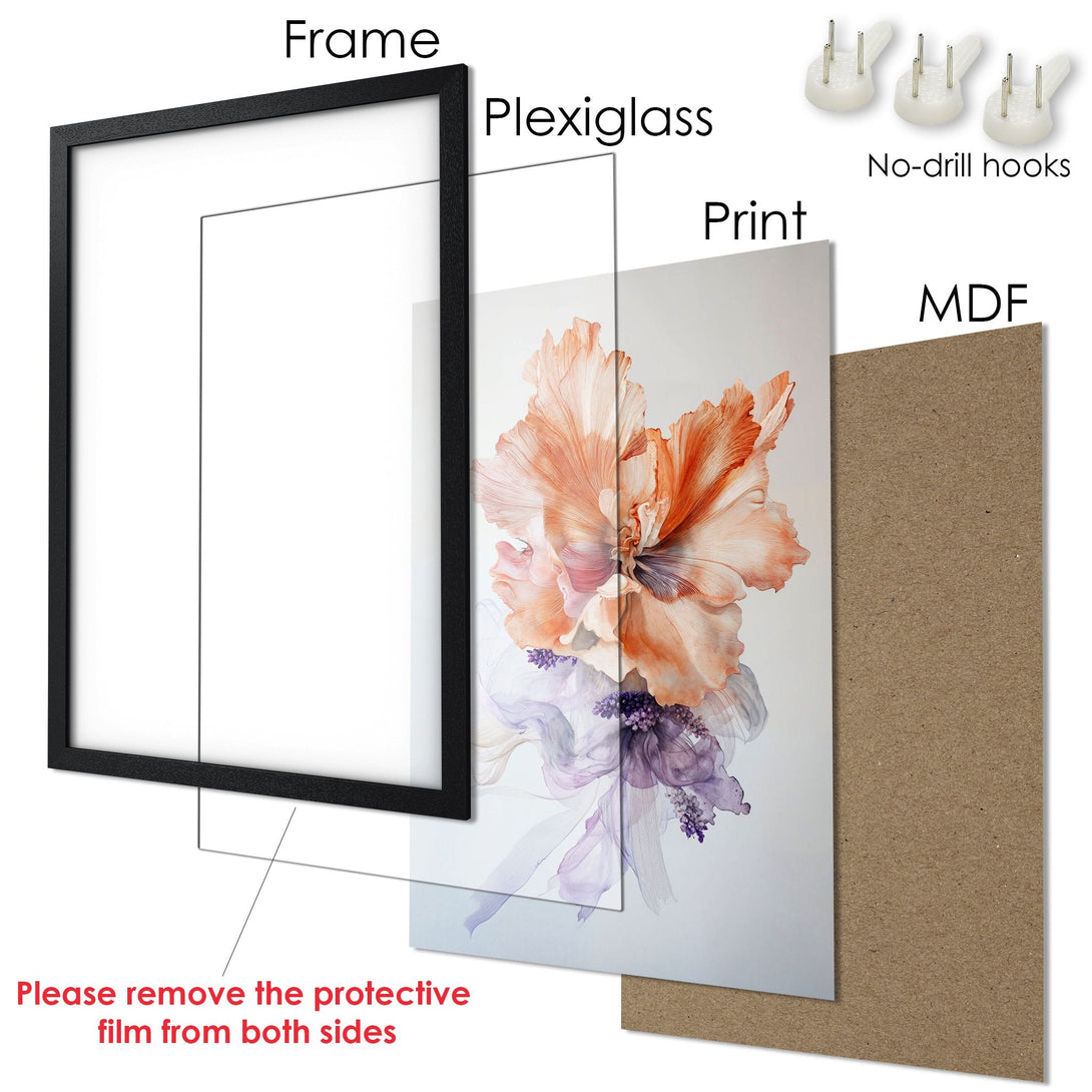 Framed Poster featuring a watercolor floral design in orange and purple hues. Perfect wall art for your home!