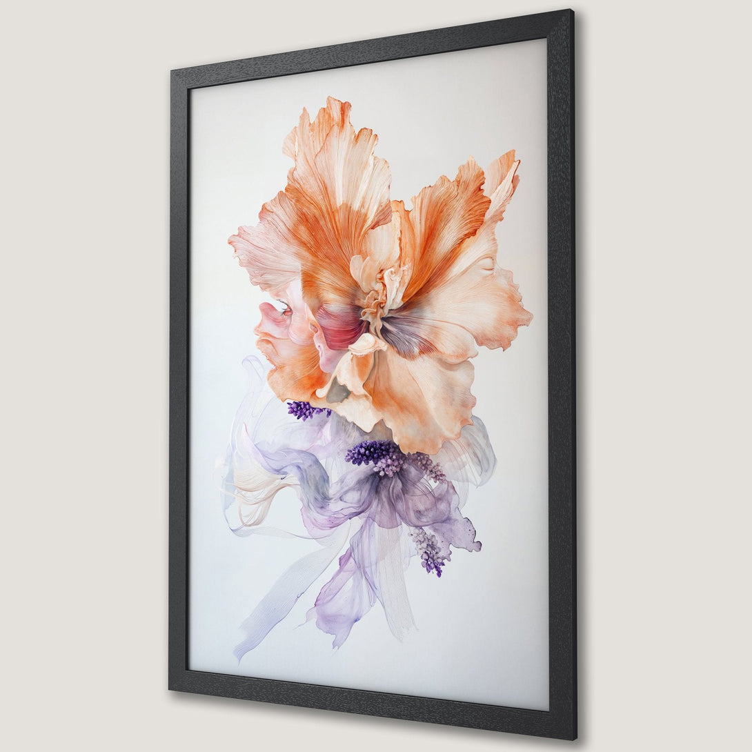 Framed Poster featuring a floral watercolor painting in peach, purple, and white. Modern art print for home decor.