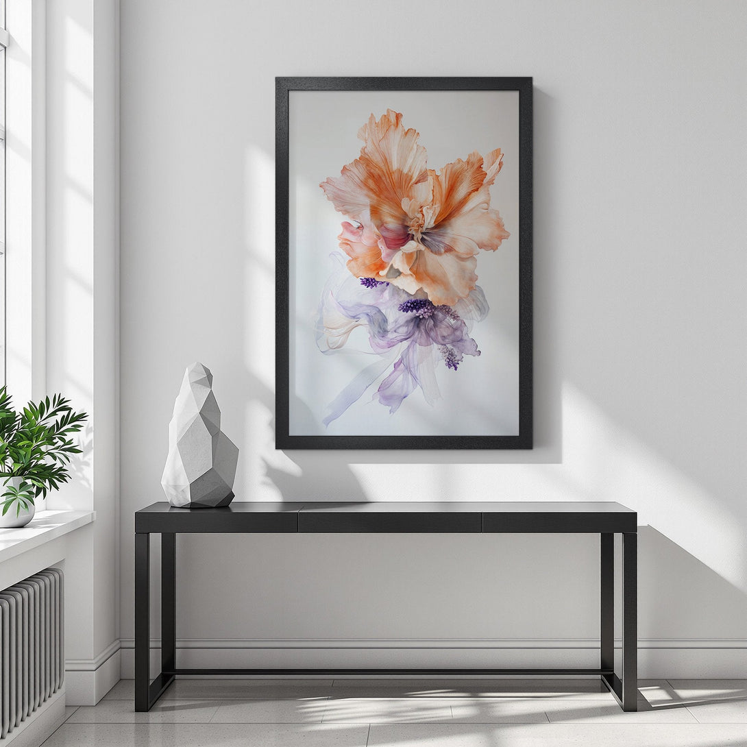 Framed Poster featuring a floral watercolor design in orange and purple tones. Modern art for your home!