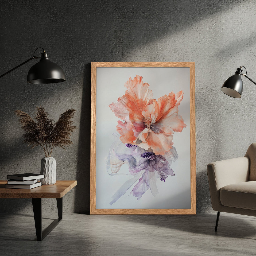 Framed Poster featuring a watercolor floral design in peach and lavender hues. Modern art for home decor.