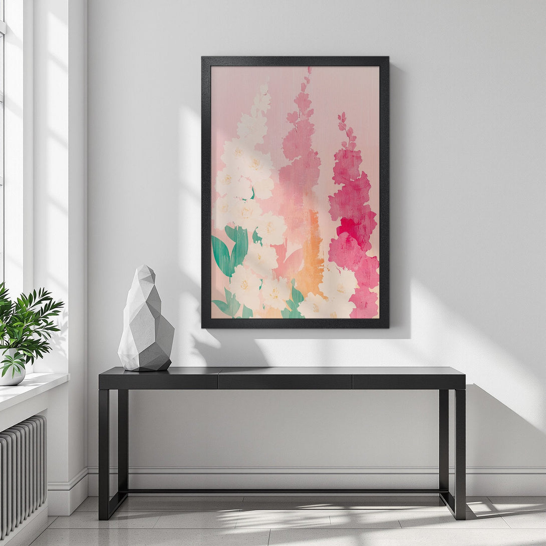Framed Poster featuring abstract floral art in pink, white, and orange hues. Enhance your space with this beautiful Poster!