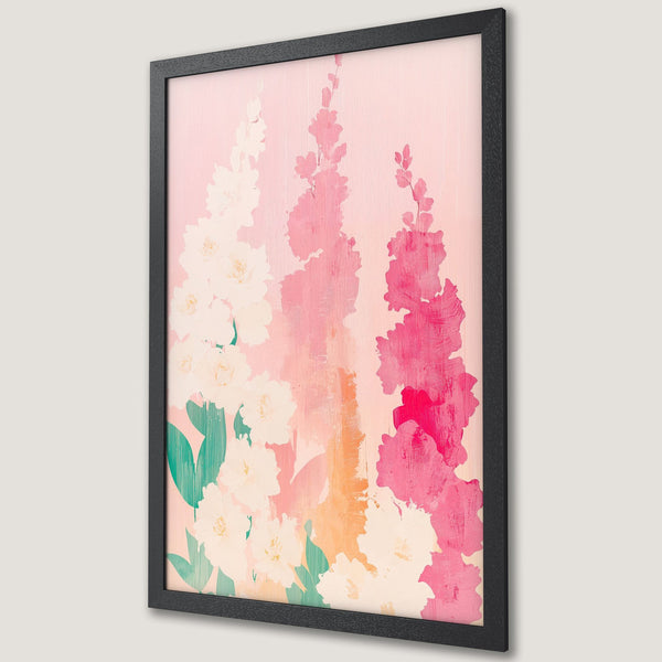 Framed Poster featuring a floral abstract design with pink, white, and green hues, perfect for adding a touch of elegance to your space.