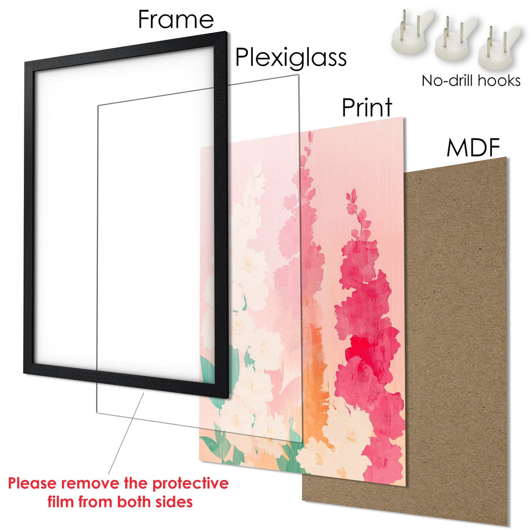 Framed Poster with floral art in pink and peach tones. Modern style, ready to hang and brighten your space!