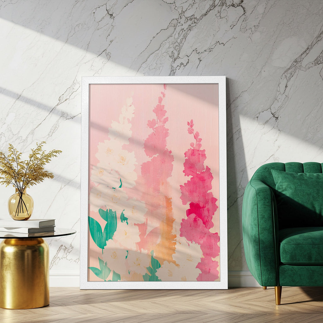 Framed Poster featuring floral art in pink and white hues. Modern art print with a soft color palette, perfect for home decor.