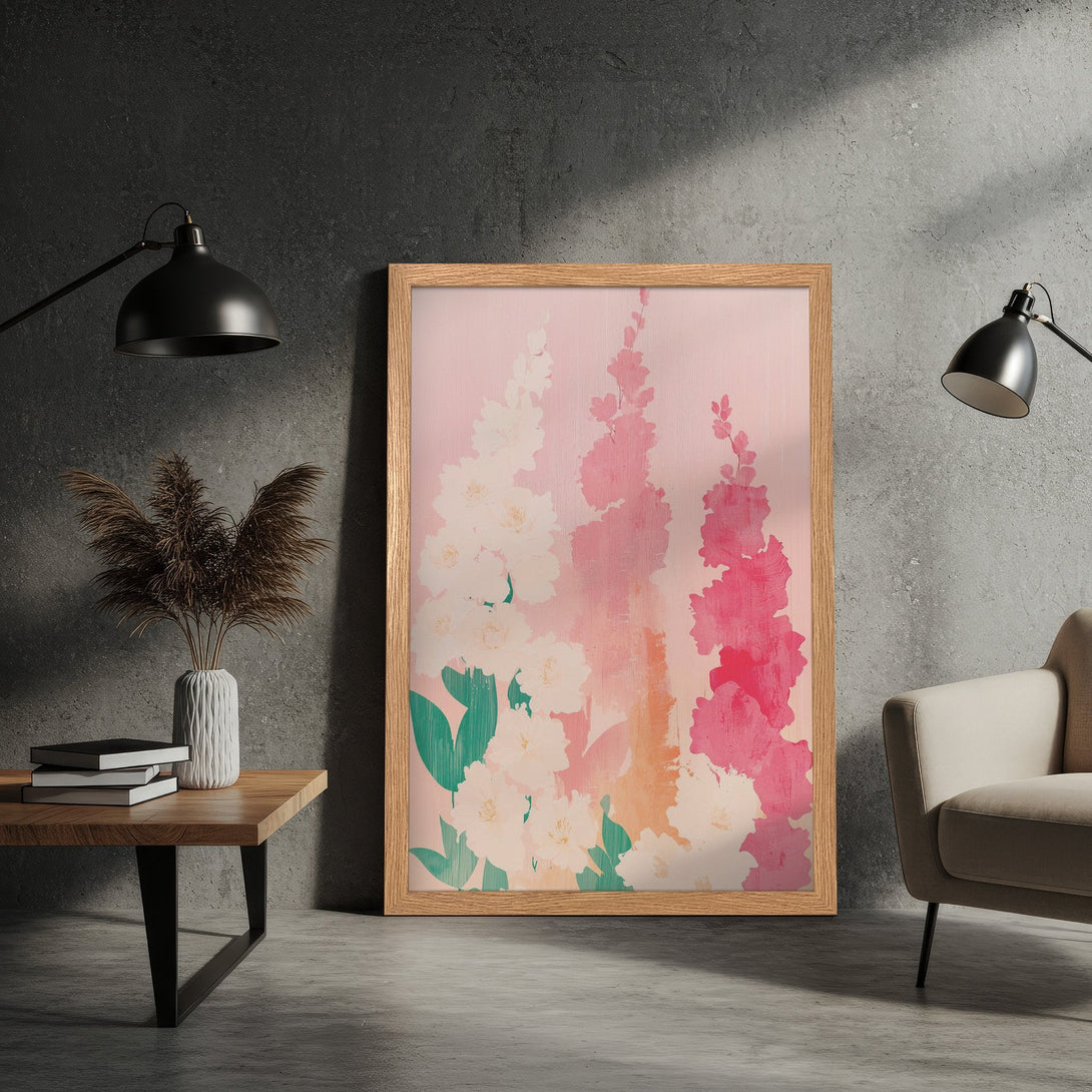 Framed Poster featuring floral abstract art in pink and white tones. Modern wall decor to brighten any space.