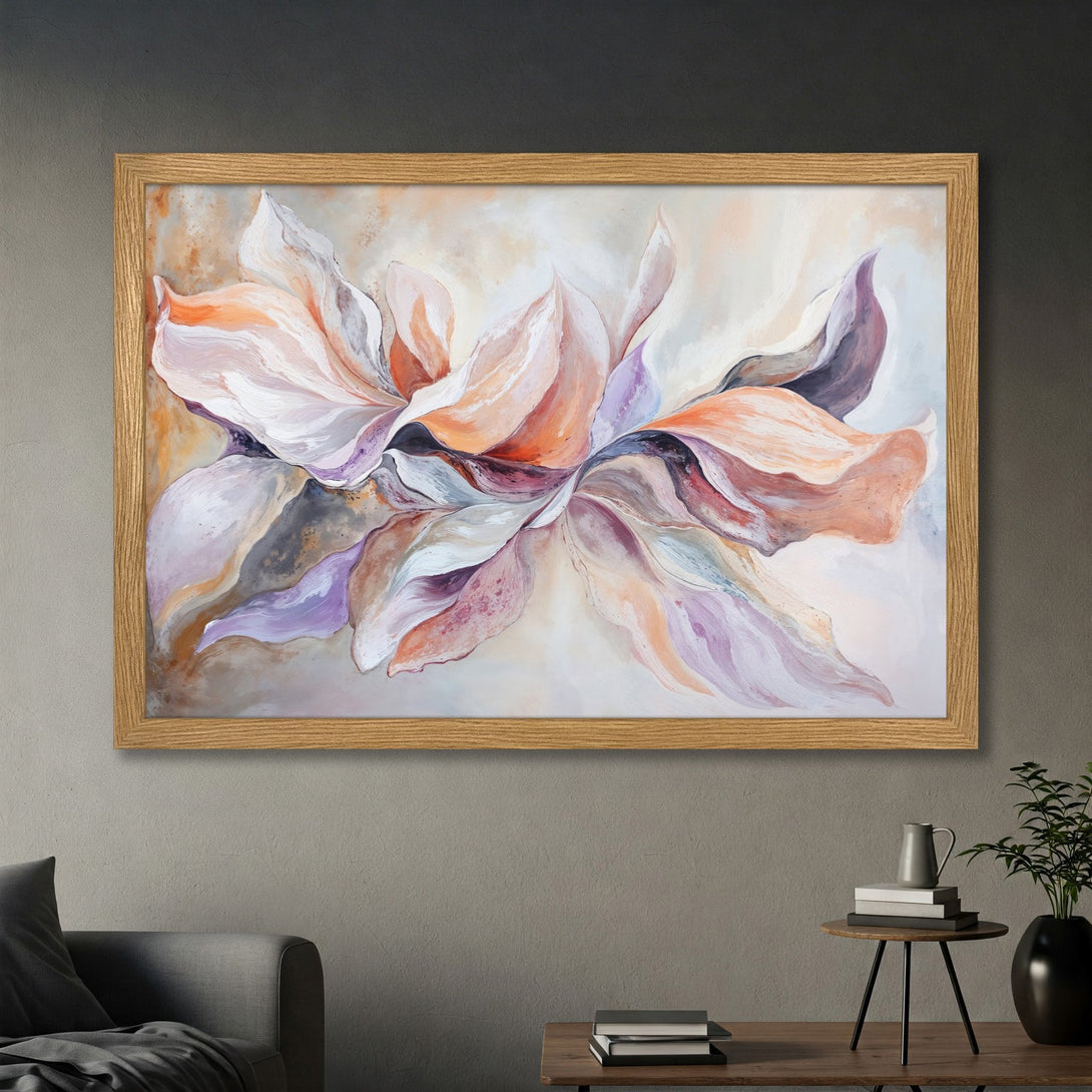 Framed Poster of abstract floral art in soft pastel colors. Perfect for adding a touch of elegance to your home decor. Shop now!