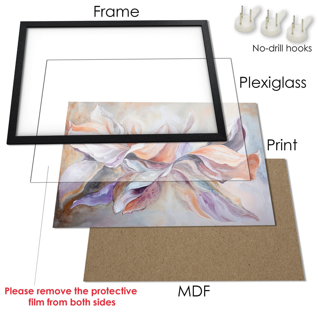 Framed Poster featuring a floral abstract art print. Soft pastel color palette with shades of peach, purple, and beige. Ready to hang art.