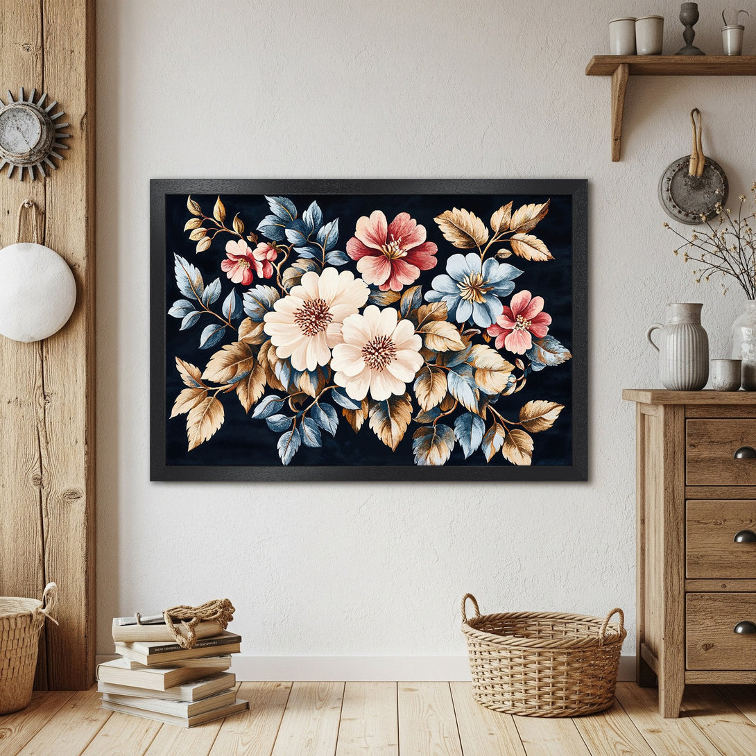Framed Poster featuring watercolor floral art in a dark, moody style with a blush, blue, and gold color palette.