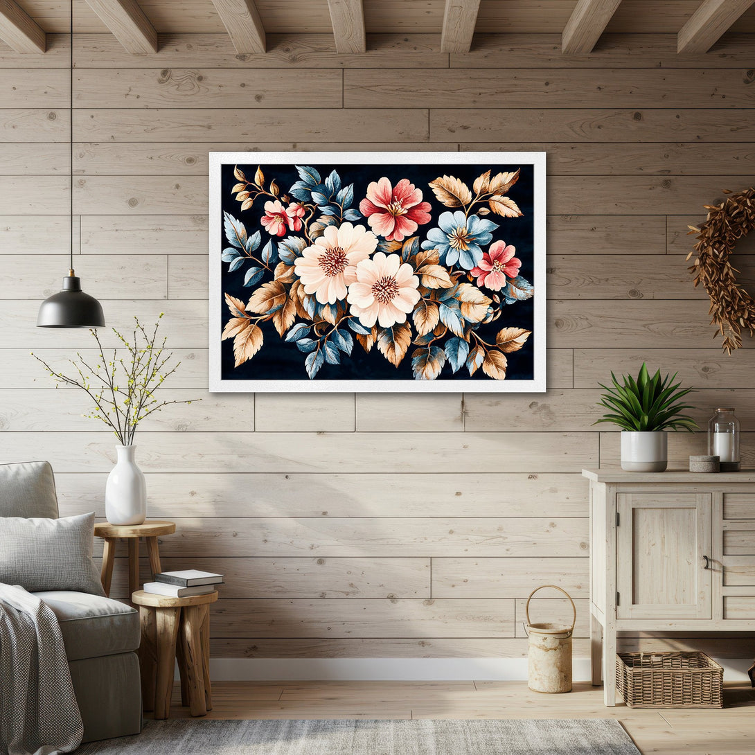 Framed Poster featuring a floral watercolor design in a dark, moody style with a warm, inviting color palette. Perfect for home decor!