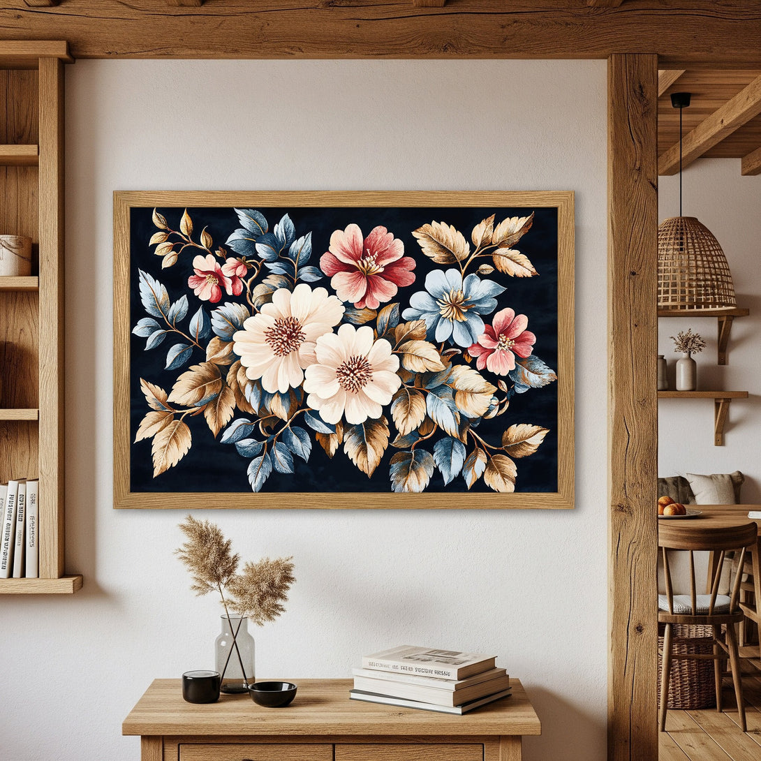 Framed Poster featuring floral art in a vintage style with a dark background and a warm color palette. Perfect wall decor!