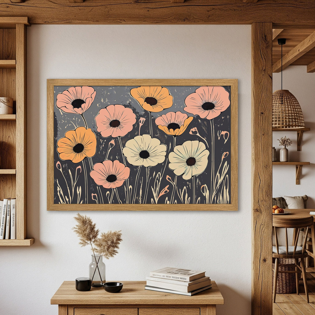 Framed Poster featuring floral art in a vintage style. Soft pink, orange, and cream hues on a dark background. Perfect wall decor!