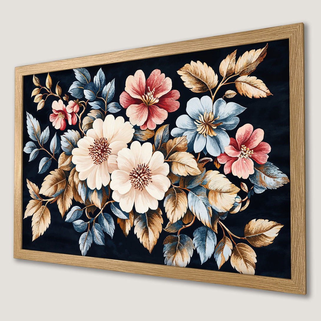 Framed Poster featuring floral art in a vintage style with a dark blue background and a warm color palette.