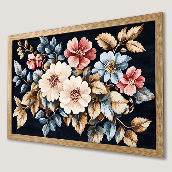 Framed Poster featuring floral art in a vintage style with a dark blue background and a warm color palette.