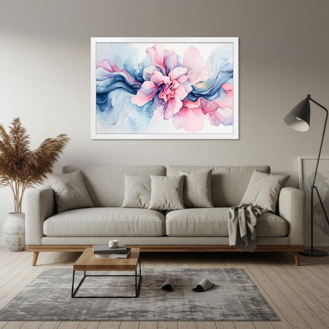 Framed Poster featuring an abstract floral design in watercolor style, with a pink and blue color palette. Perfect wall art!