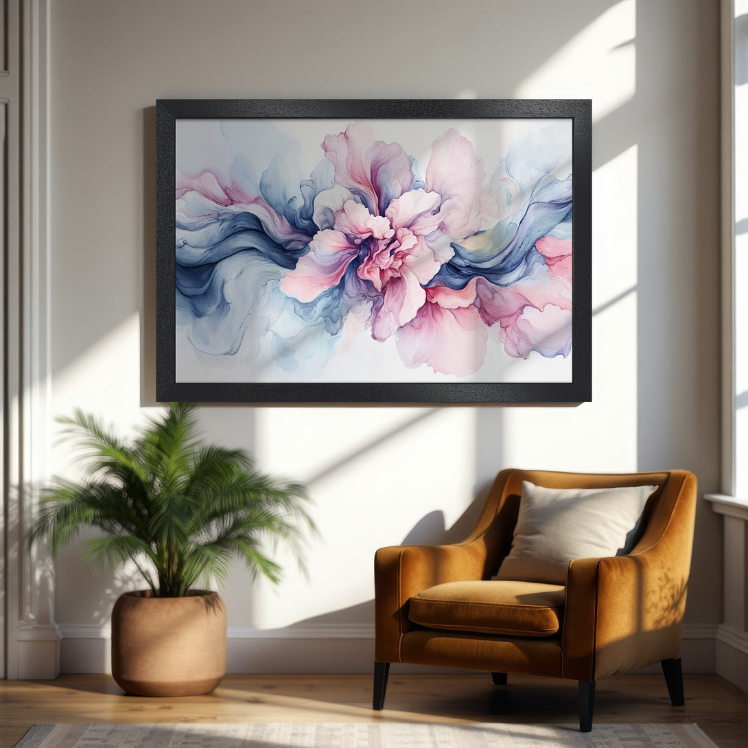 Framed Poster featuring abstract floral art in pink, blue, and purple hues. Perfect wall decor for a modern home.
