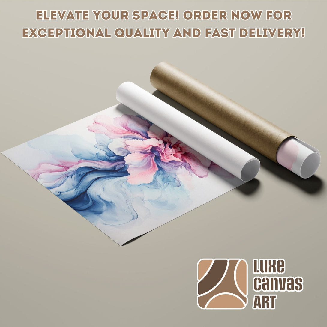 Abstract floral Poster Roll in blue, pink, and white. Elevate your space with Luxe Canvas Art!