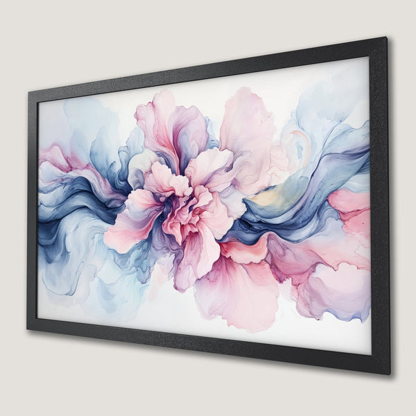 Framed Poster featuring abstract floral art in pink, blue, and purple hues. Perfect wall decor.