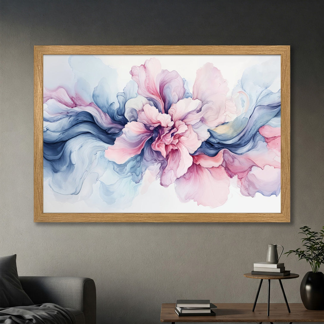 Framed Poster of abstract floral art in pink and blue hues, perfect for adding a touch of elegance to your home decor.