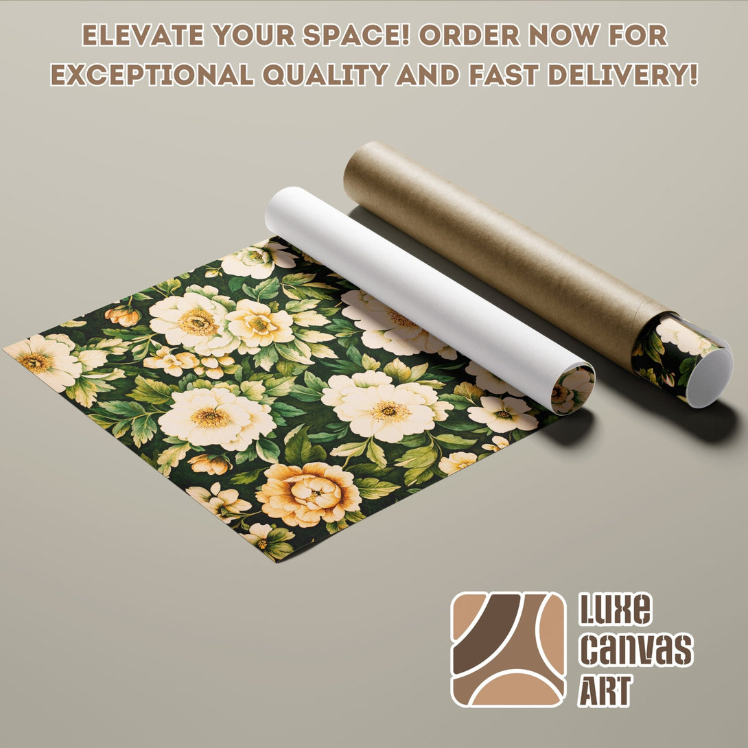 Floral Poster Roll featuring a vintage botanical design in a green, cream, and brown color palette. Elevate your space!