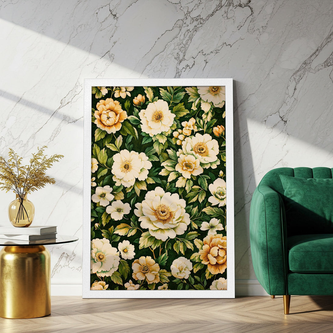 Framed Poster featuring floral art in a vintage style. Cream, green, and gold color palette. Perfect wall decor for your home!