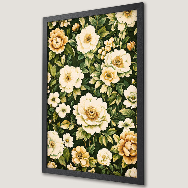 Framed Poster featuring a floral watercolor design with white and gold blooms on a dark green background. Perfect wall art!