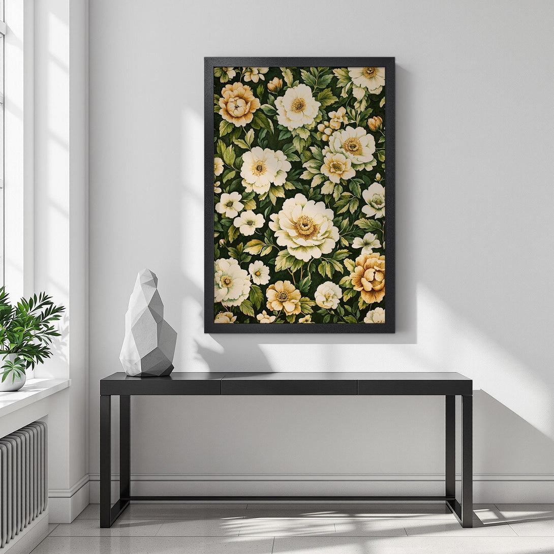 Framed Poster featuring a floral pattern in watercolor style. The color palette includes white, yellow, and green on a dark background. Perfect wall art!
