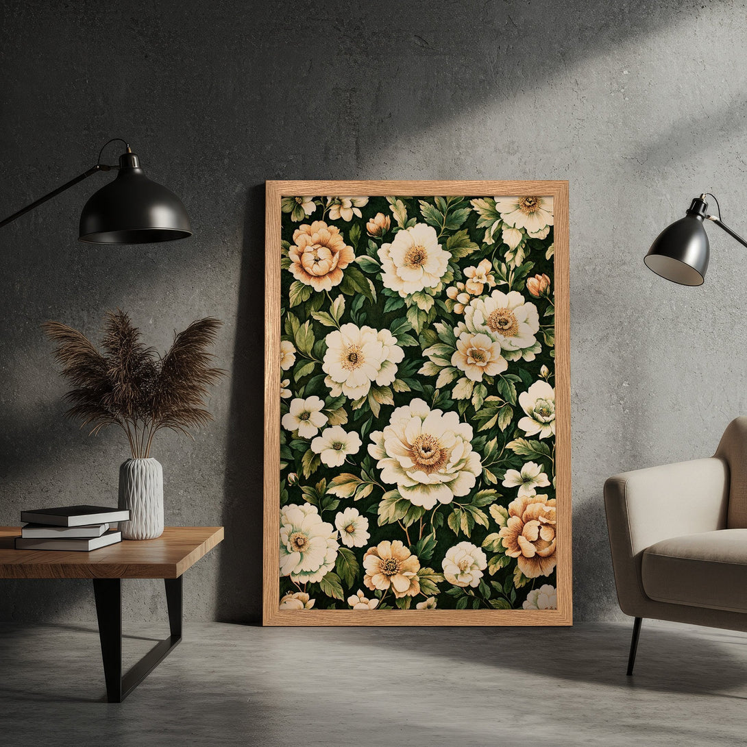 Framed Poster featuring floral artwork in a vintage style, with a dark green and cream color palette. Perfect for home decor!