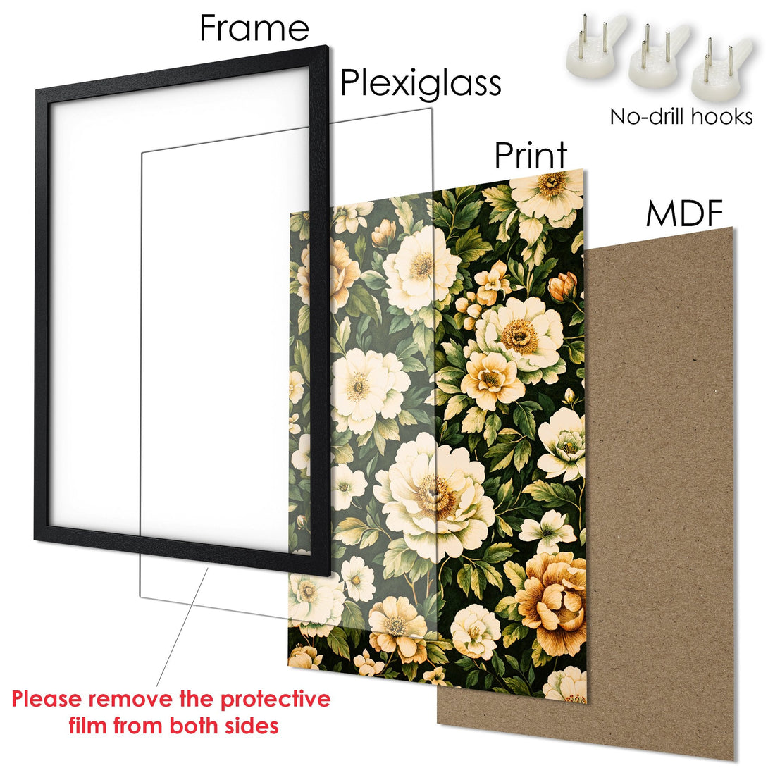Framed Poster with floral art. Features a black frame, botanical style, and a dark green, cream, and gold color palette. Perfect wall decor!