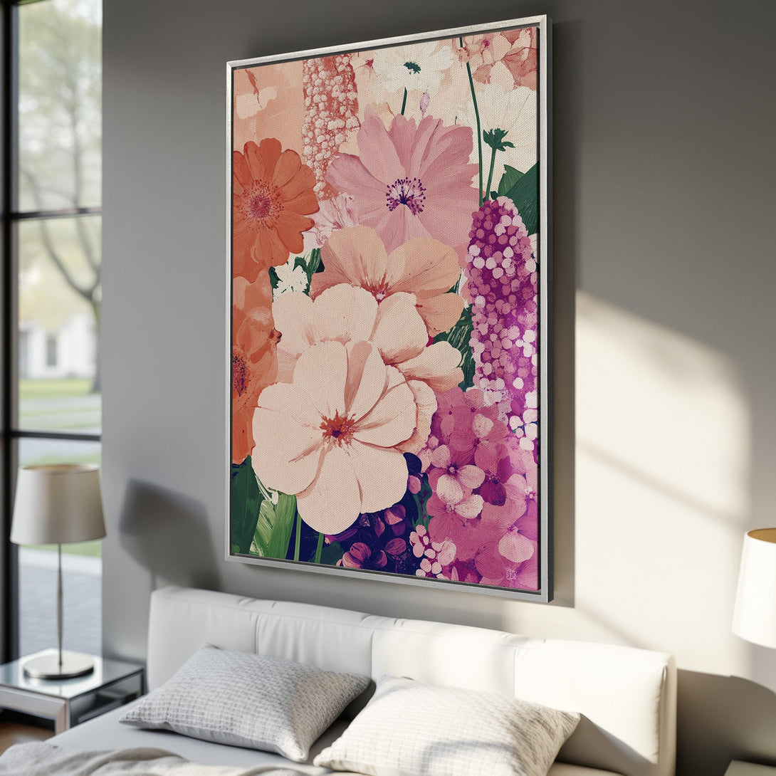 Framed Wall Art featuring a vibrant floral design in a warm color palette of pinks, oranges, and greens. Perfect for adding a touch of nature to your home.