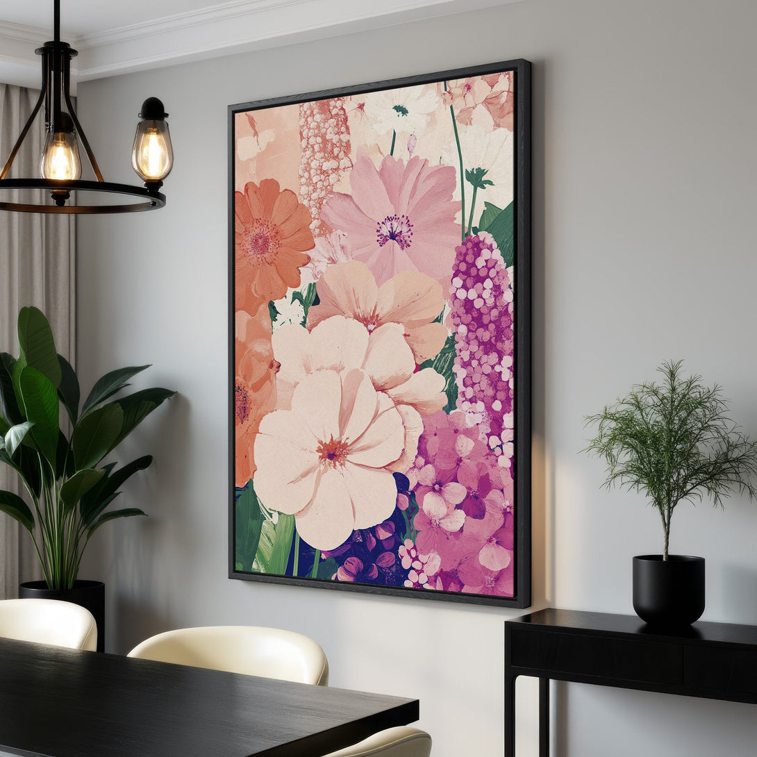 Framed Wall Art: Floral Canvas Print in a modern interior. Features a colorful, abstract floral design with a warm pink and peach palette. Perfect for home decor!