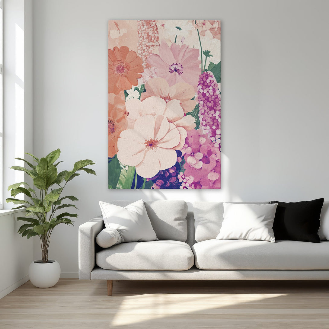 Framed Wall Art featuring a floral painting with pink, peach, and purple hues. Perfect for adding a touch of elegance to any bedroom or living space.