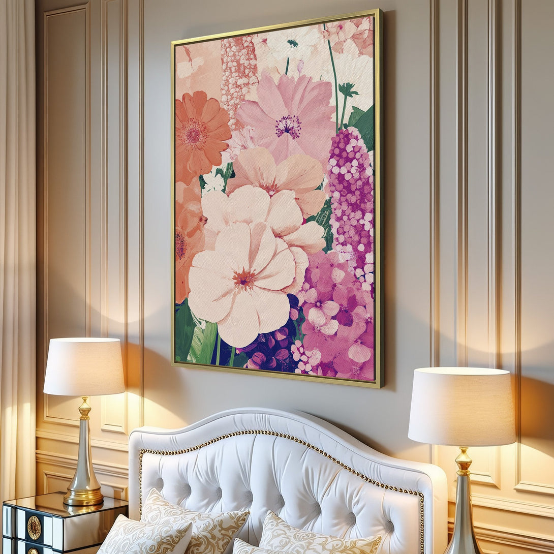 Canvas Print: Floral art in a modern interior. Featuring a pastel color palette of pinks, peaches, and purples. Perfect for adding a touch of elegance.