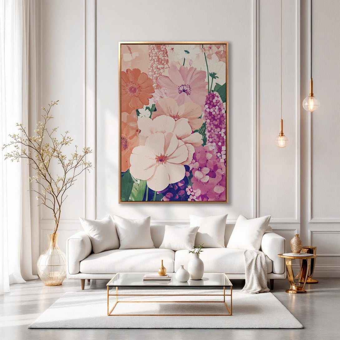 Framed Wall Art: Floral Canvas Print in a modern living room. Featuring a soft, pastel color palette of pinks, peaches, and purples. Elevate your space!