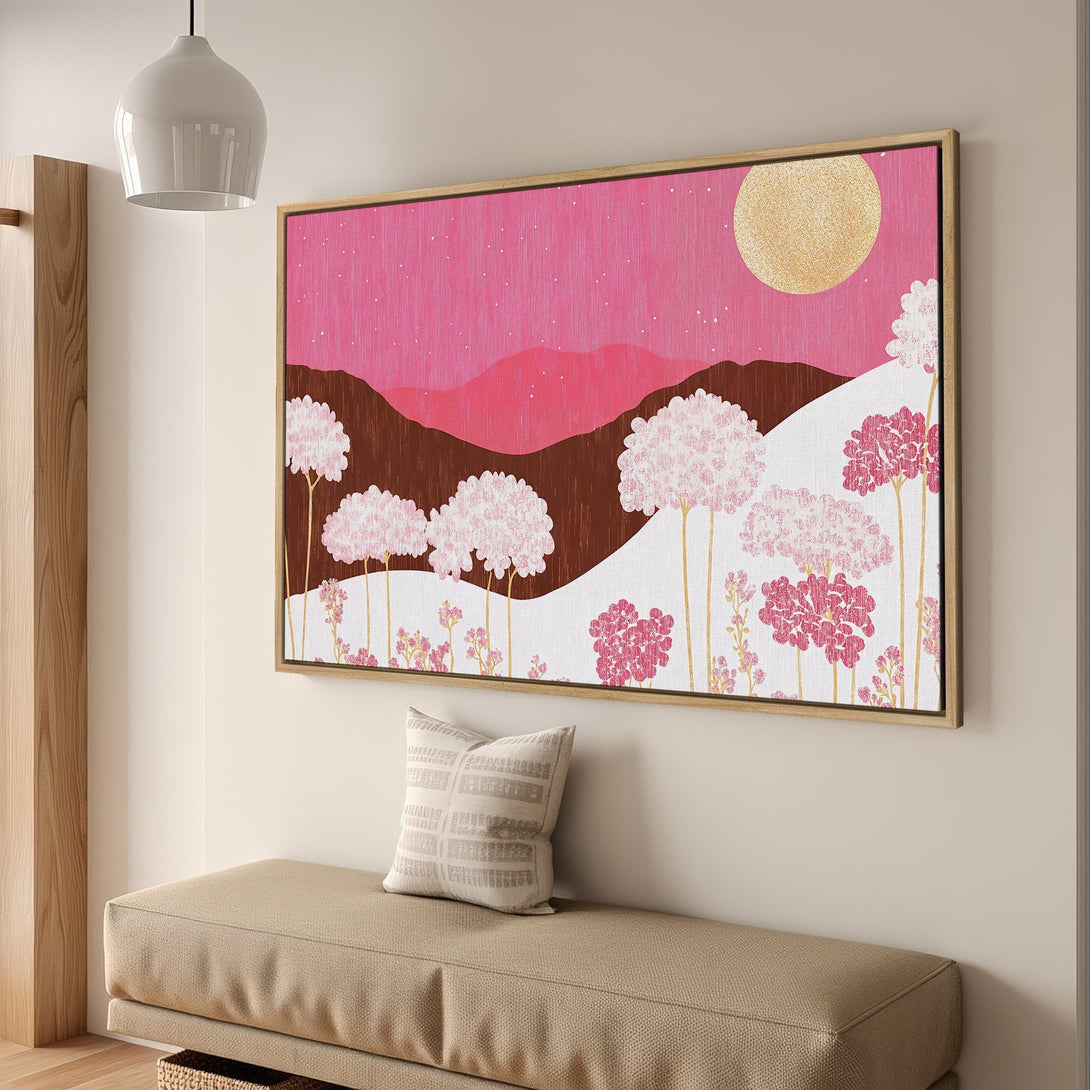 Framed Wall Art featuring a whimsical landscape with pink, brown, and gold tones. Modern canvas print adds a touch of nature-inspired art to any space.