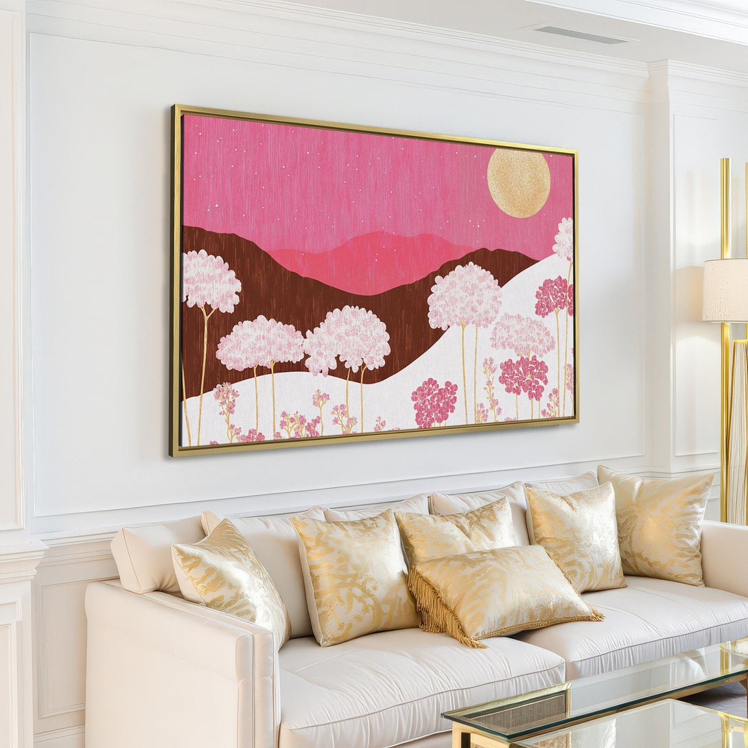 Canvas Print featuring a pink and brown landscape with floral accents. Modern art with a warm color palette, perfect for home decor.