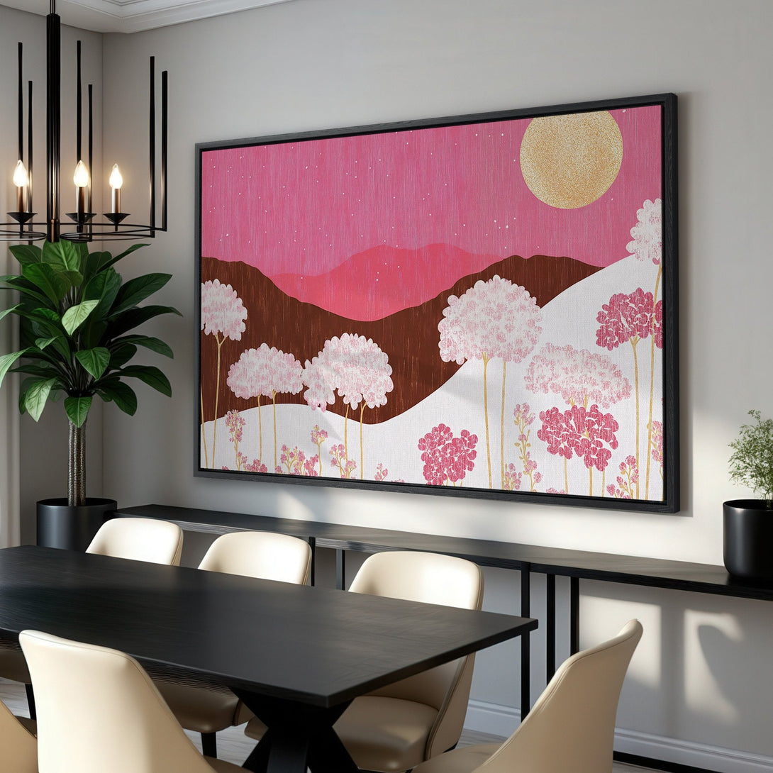 Framed Wall Art: Abstract landscape Canvas Print in pink, brown, and gold. Modern art for your home, perfect for dining room decor. Shop now!