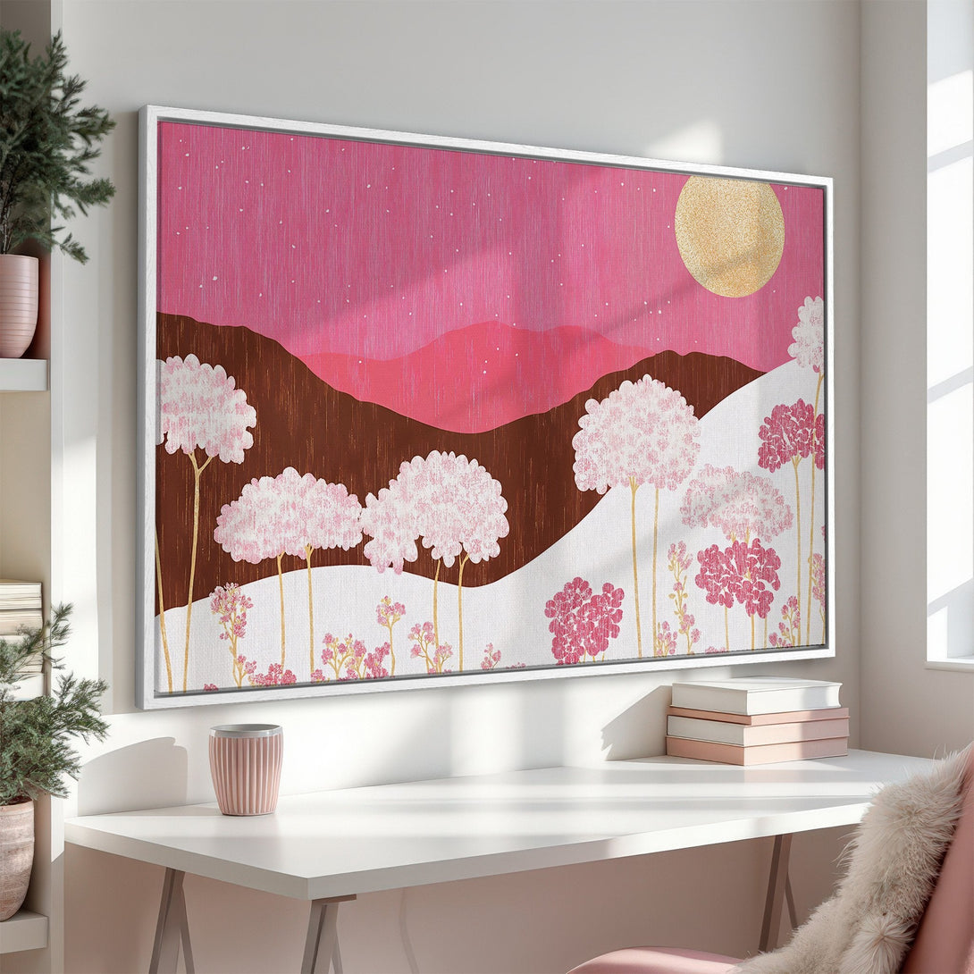 Framed Wall Art featuring a pink landscape with stylized trees. Soft, dreamy artwork in a pink and brown color palette, perfect for adding a touch of elegance.