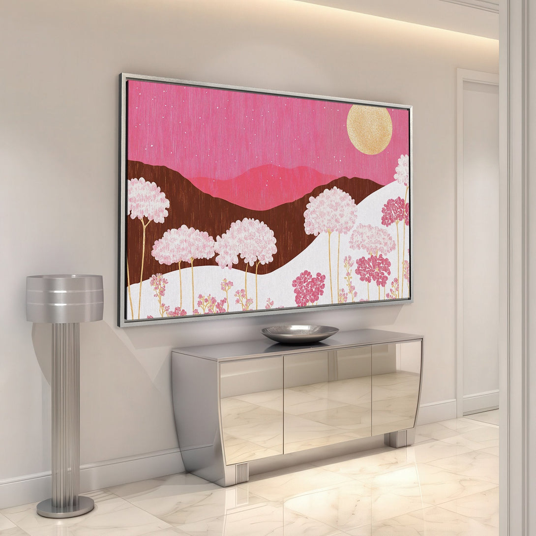 Framed Wall Art: Abstract landscape Canvas Print in pink, brown, and gold tones. Modern art for stylish home decor.