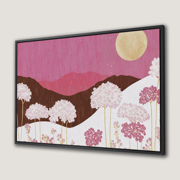 Framed Wall Art: Abstract floral landscape in pink and brown tones. Stylish canvas print for modern home decor.