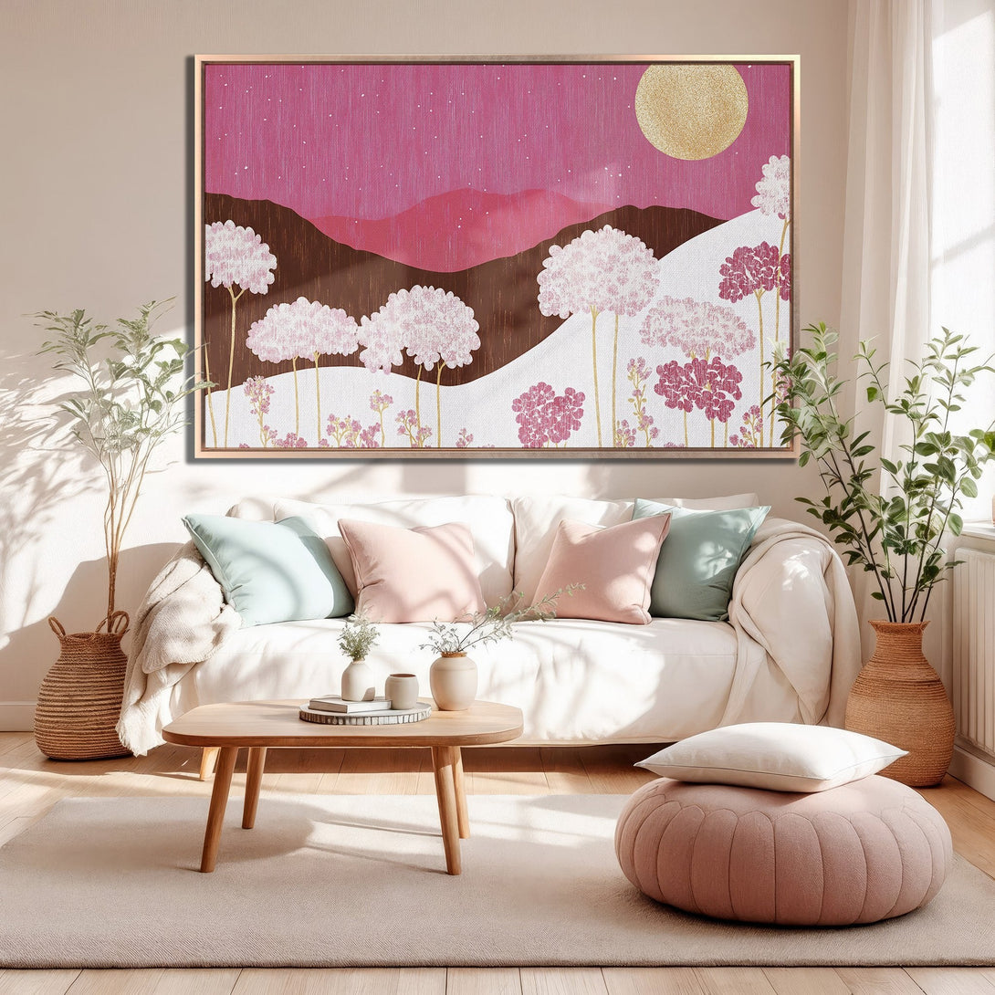 Framed Wall Art: Abstract landscape Canvas Print in pink and gold. Adds a touch of elegance to any room. Shop now for modern wall decor!