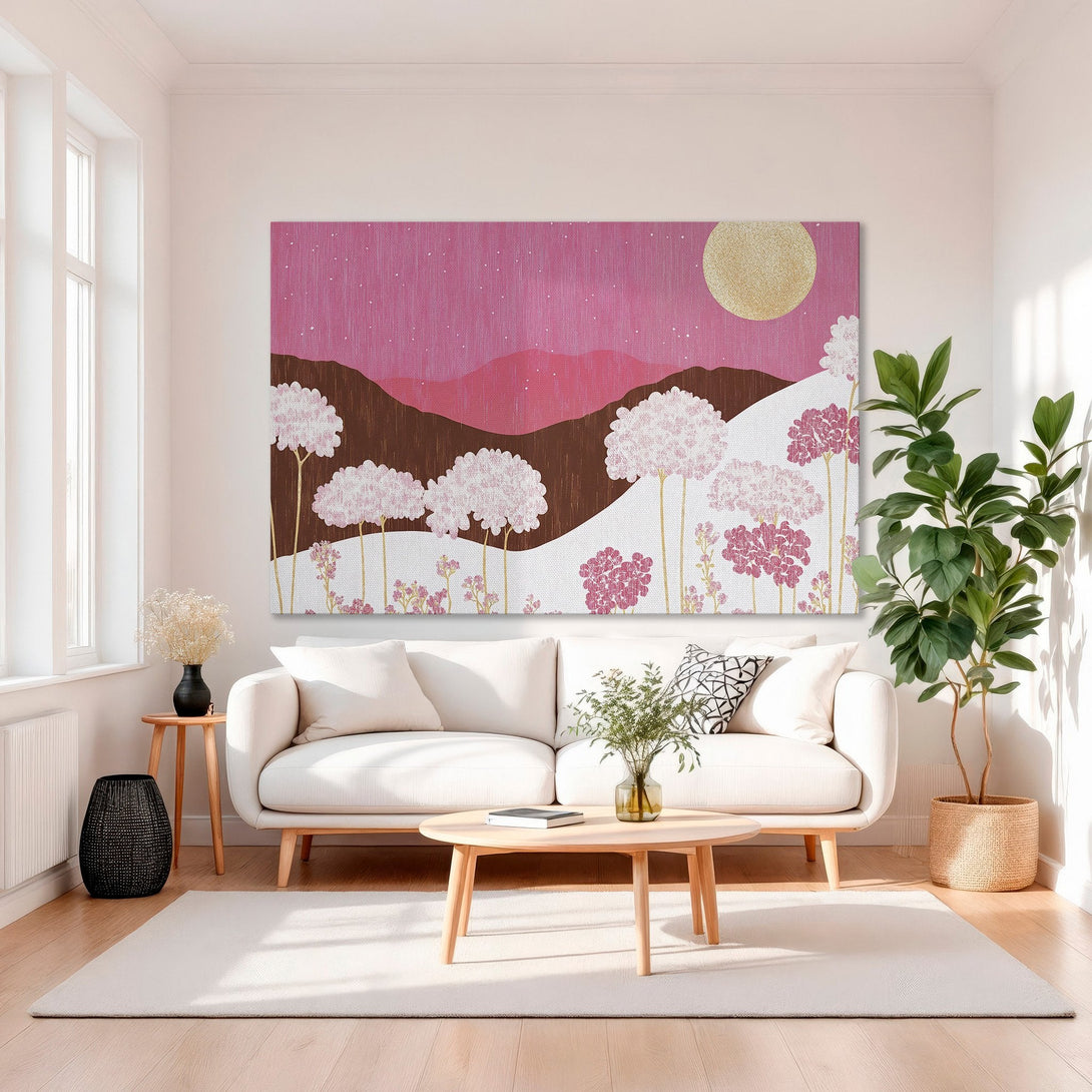 Framed Wall Art featuring a pink landscape with stylized trees and a gold moon. Modern art with a warm, romantic color palette.