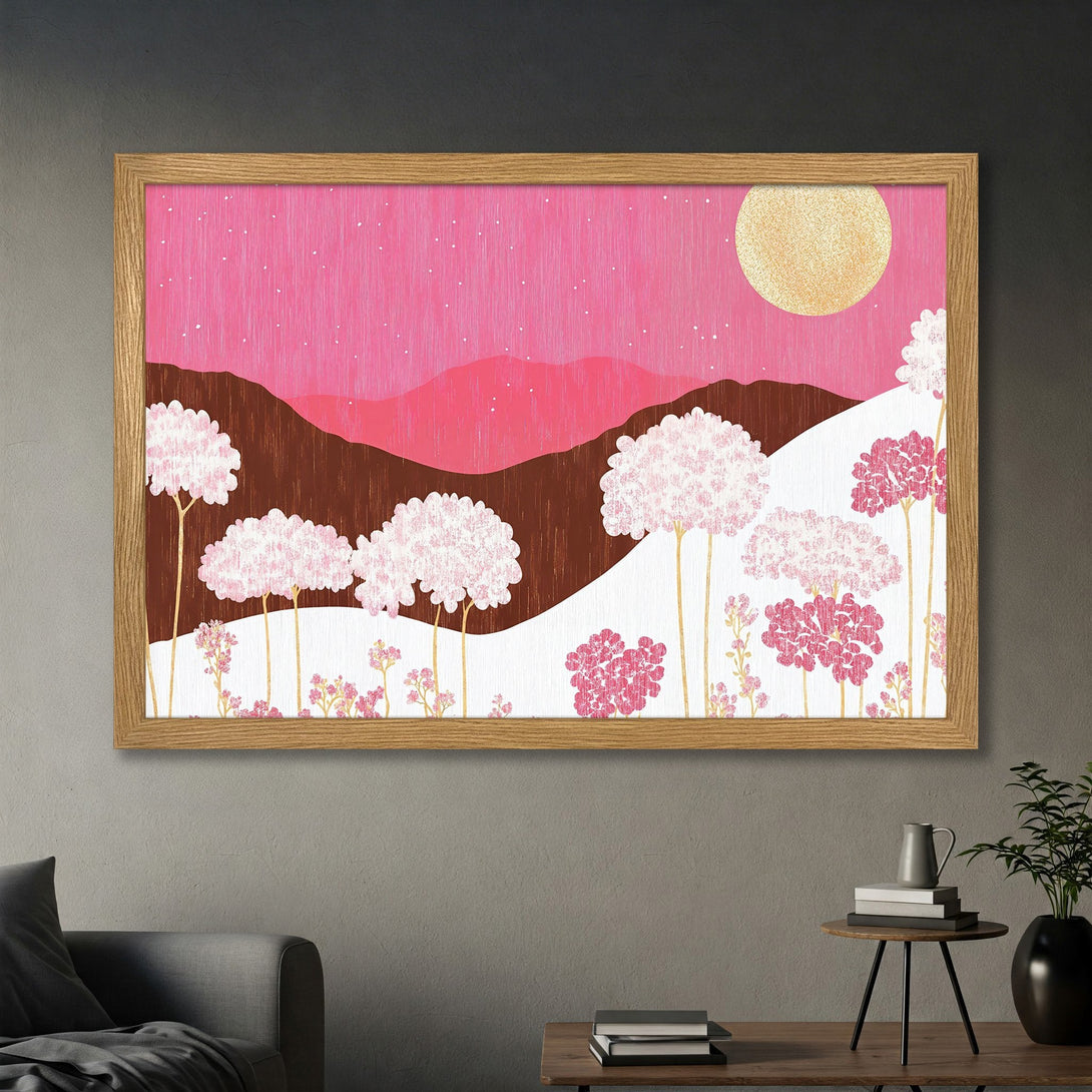 Framed Poster featuring a whimsical landscape with pink and brown tones. A beautiful art print to brighten any space.
