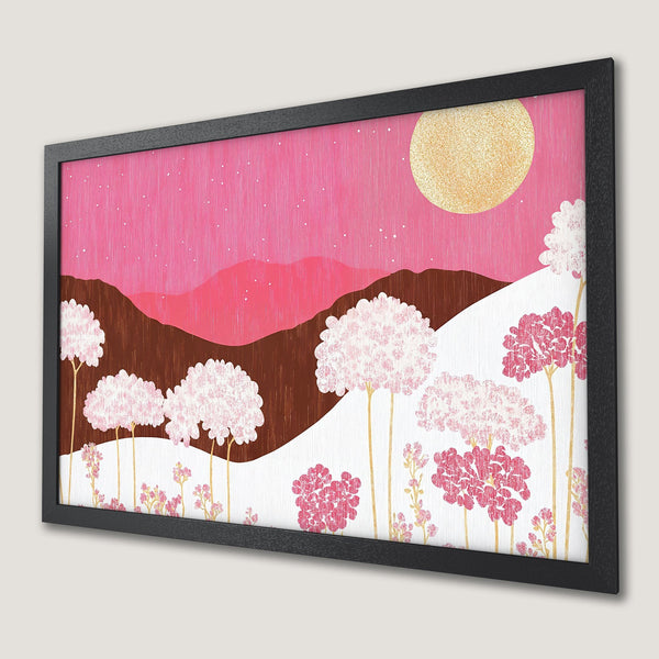 Framed Poster featuring a pink floral landscape with a gold moon, in a modern art style with a warm color palette.
