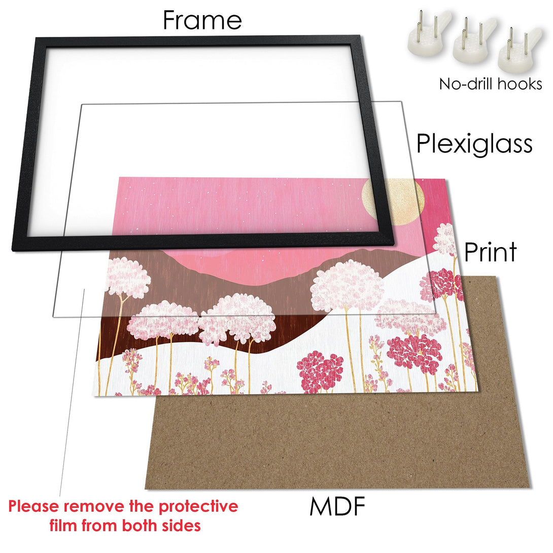 Framed Poster featuring floral art in pink and brown tones. Modern style, ready to hang and brighten your space!