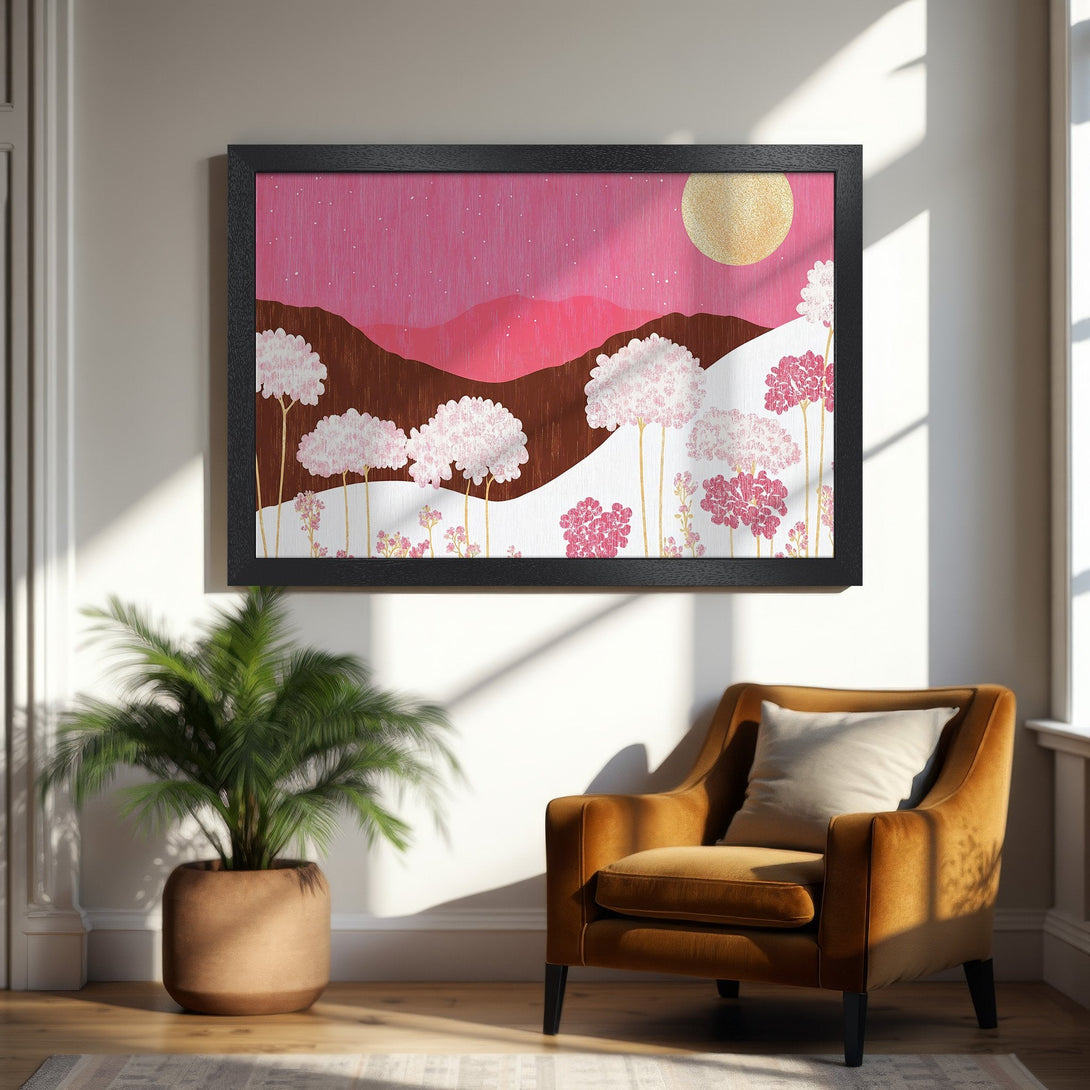 Framed Poster featuring a serene landscape with pink sky, brown mountains, and floral elements. Modern art in a warm color palette.