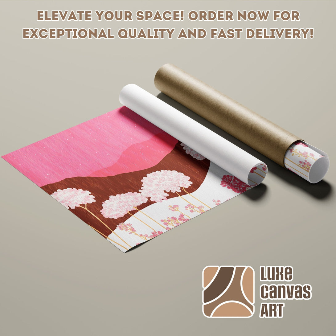 Poster Roll featuring a pink floral landscape art print. Perfect for your home decor!